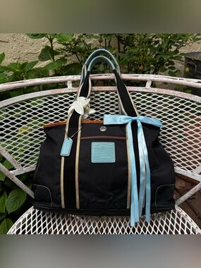 Vintage Black Nylon Coach Bag with Blue Details